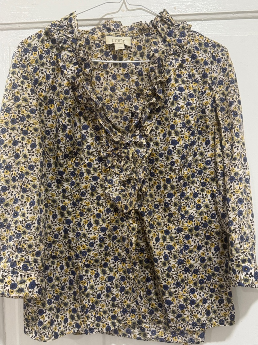 LOFT Navy and Yellow Floral Ruffle V-Neck Blouse